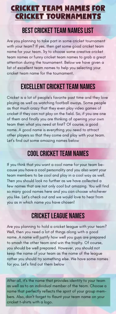 Cricket Team Names For Cricket Tournaments