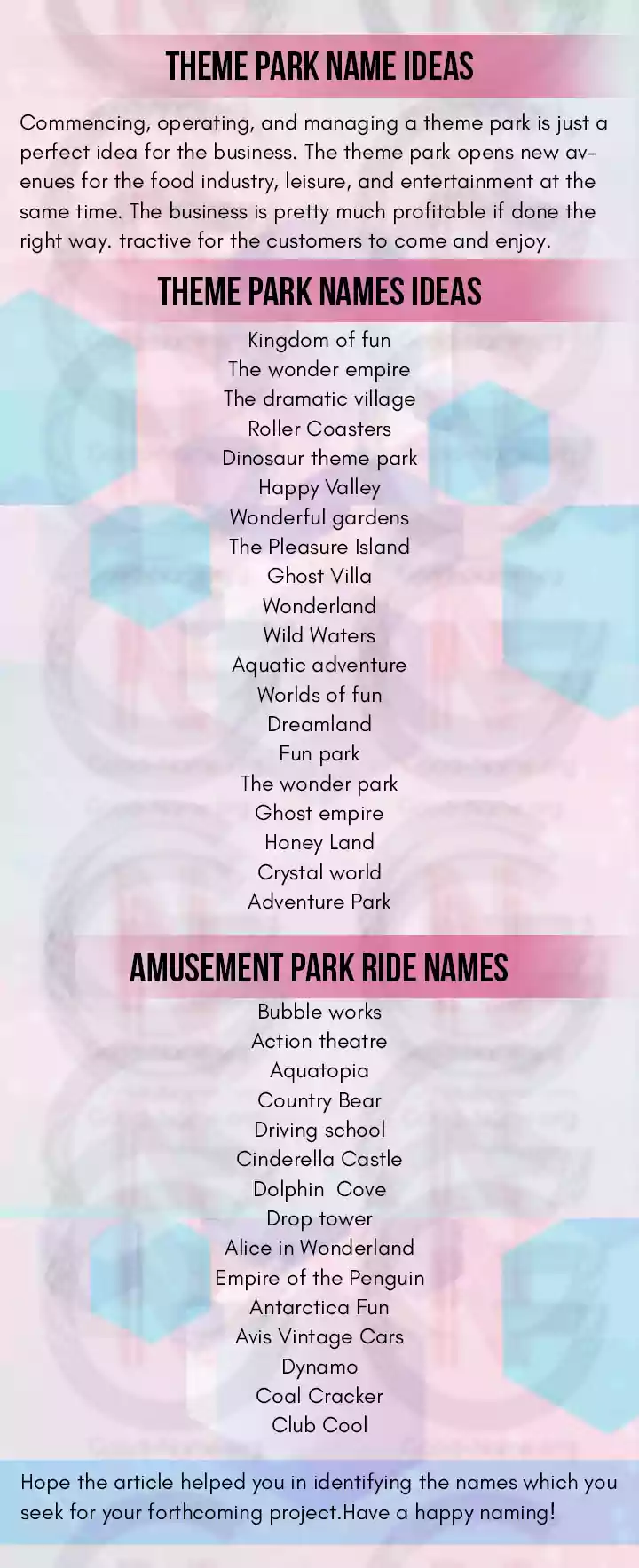 Theme Park Name Ideas